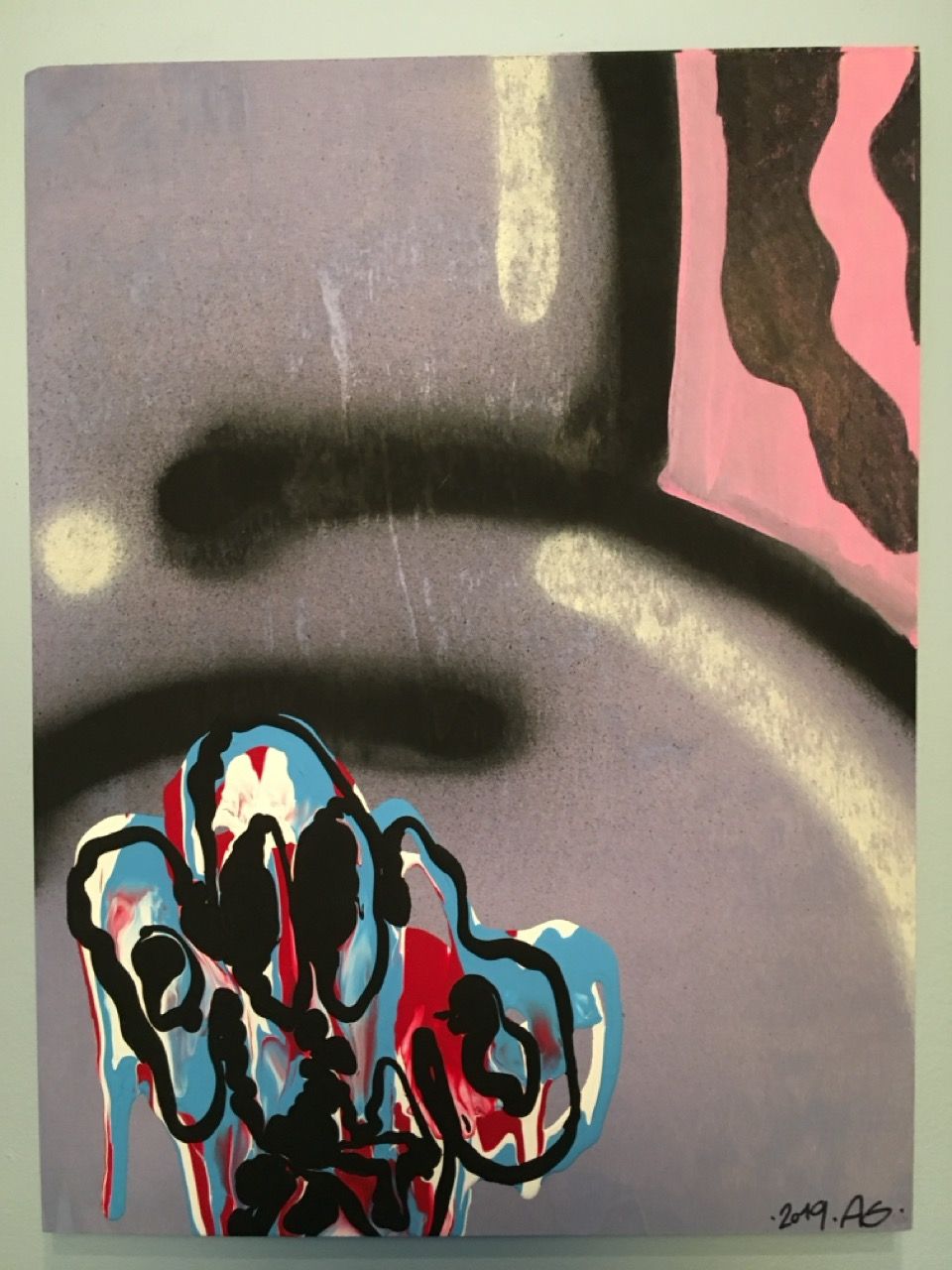 painting of graffiti style letter "S" with painted abstract figure in front - signed "AG 2019"